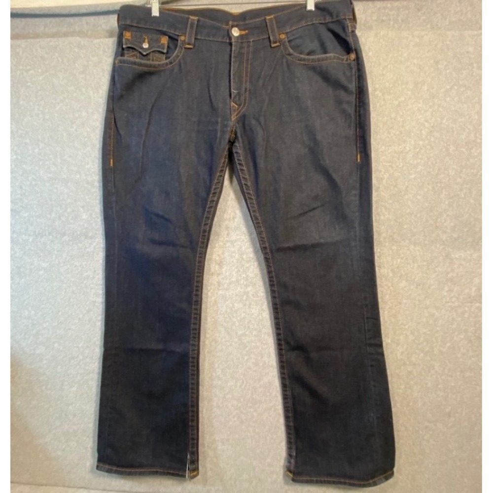True Religion Straight Leg Jeans Men's 40 Dark Wash Blue Horseshoe Flap Y2K EUC
